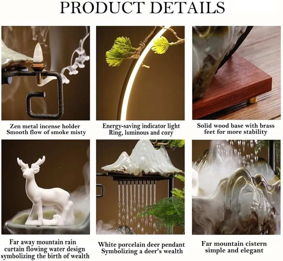 Tabletop Water Fountains Indoor with Backflow Incense Holder, Chinese Feng Shui Waterfall Desktop Fountain and LED Light, Indoor Ceramic Animal Fountain for Wealth-Booming Luck(Moss Green,14x6x15inch)