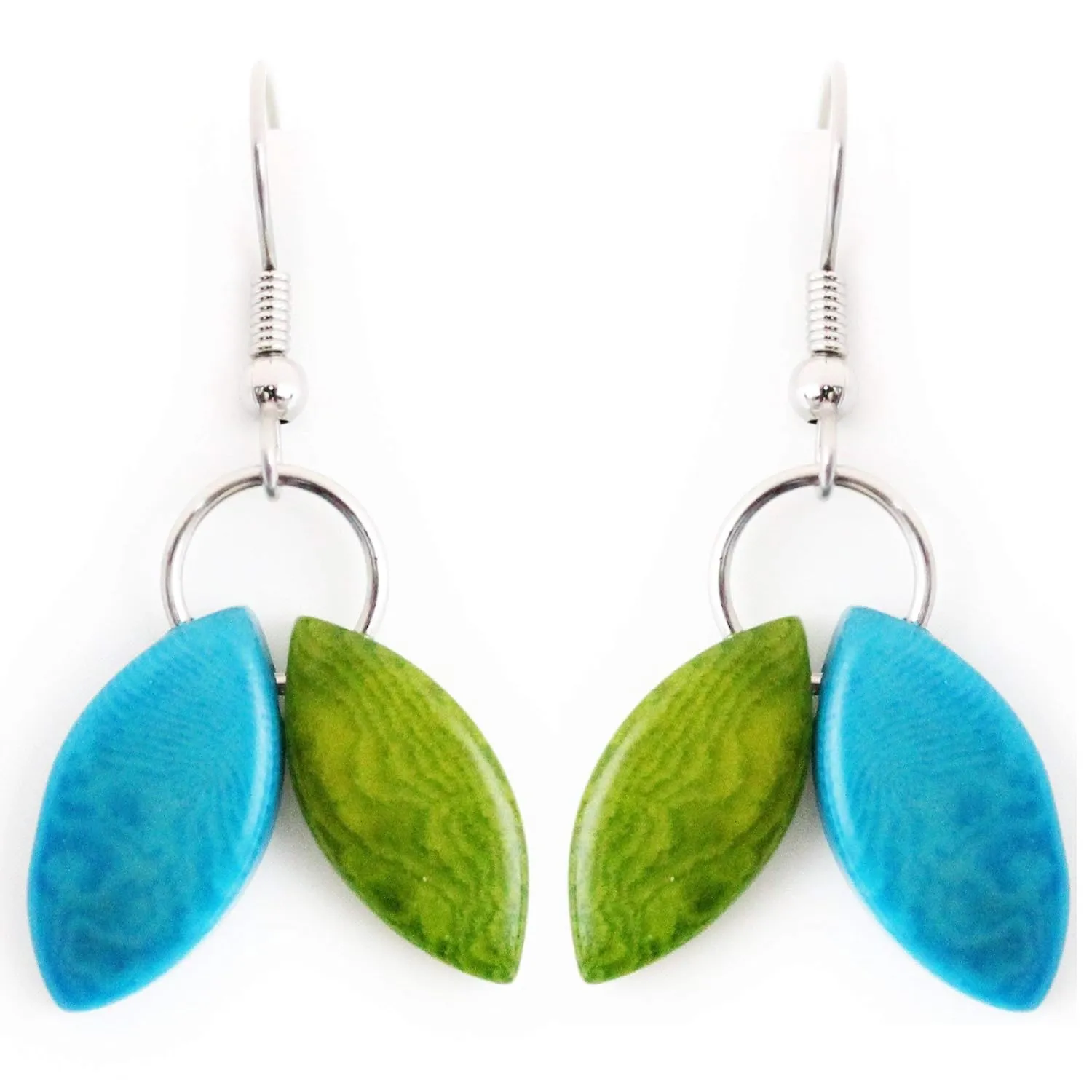 Tagua Earrings in Green and Turquoise Handmade Fair Trade, Lightweight by Florama Natural jewelry