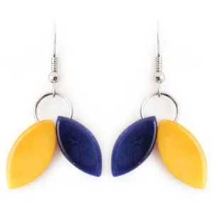 Tagua Earrings Leaves in Yellow and Dark Blue, Handmade, fair Trade, Lightweight by Florama Natural Jewelry