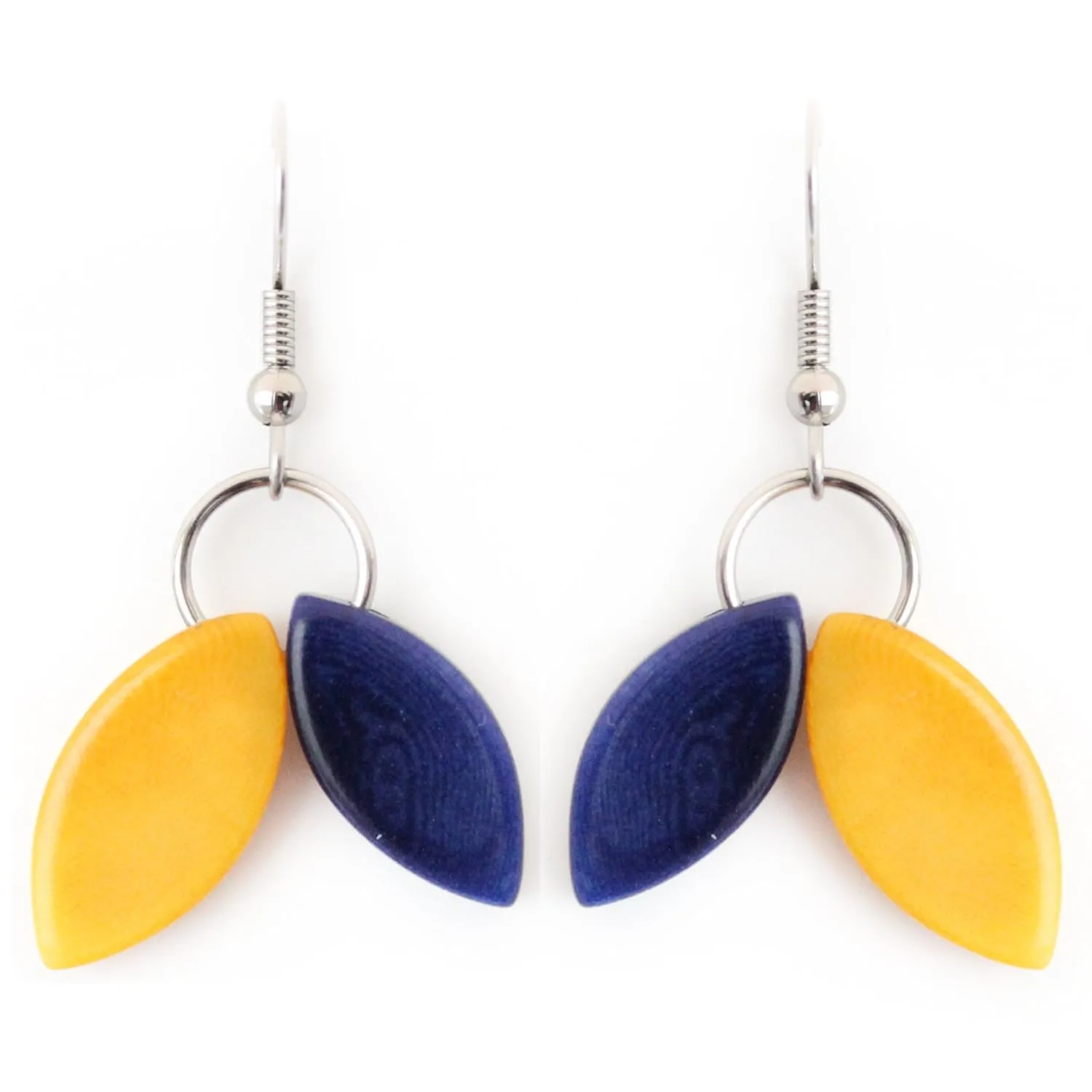 Tagua Earrings Leaves in Yellow and Dark Blue, Handmade, fair Trade, Lightweight by Florama Natural Jewelry