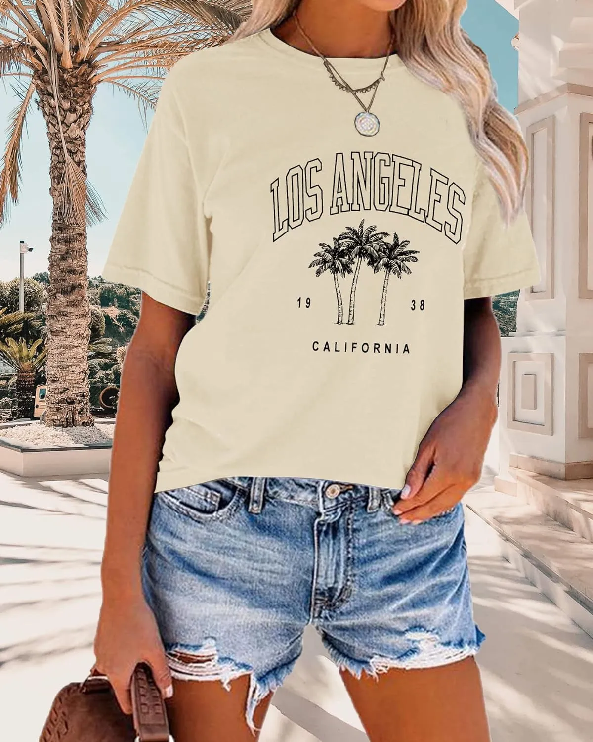 TAKEYAL Women Los Angeles Graphic T Shirts California Letter Print Short Sleeve Tee Loose Casual Tops