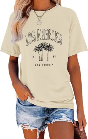 TAKEYAL Women Los Angeles Graphic T Shirts California Letter Print Short Sleeve Tee Loose Casual Tops
