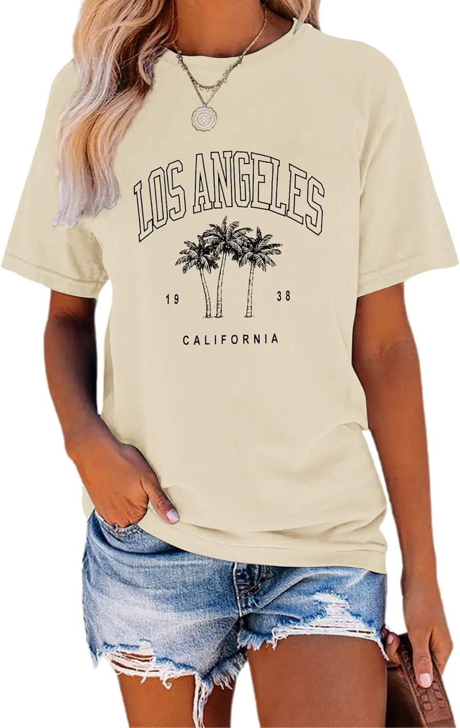 TAKEYAL Women Los Angeles Graphic T Shirts California Letter Print Short Sleeve Tee Loose Casual Tops