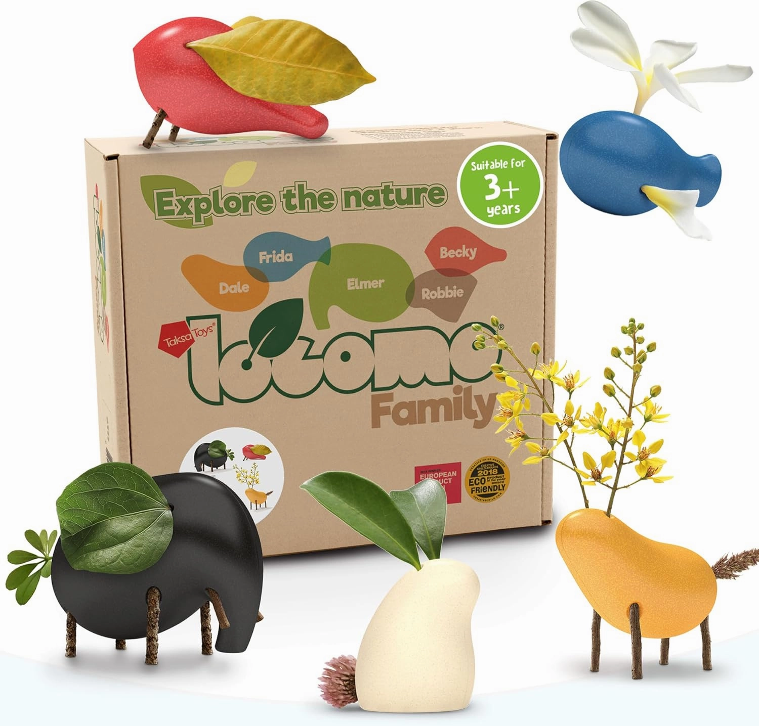 Taksa Toys Locomo Family 1 Open-Ended Waldorf Educational Outdoor Play Figures, Wooden Animal Montessori Toys for Kids 3 4 5 6 7  for Childs Learning & Creativity Year Old, Gifts (Set of 5)