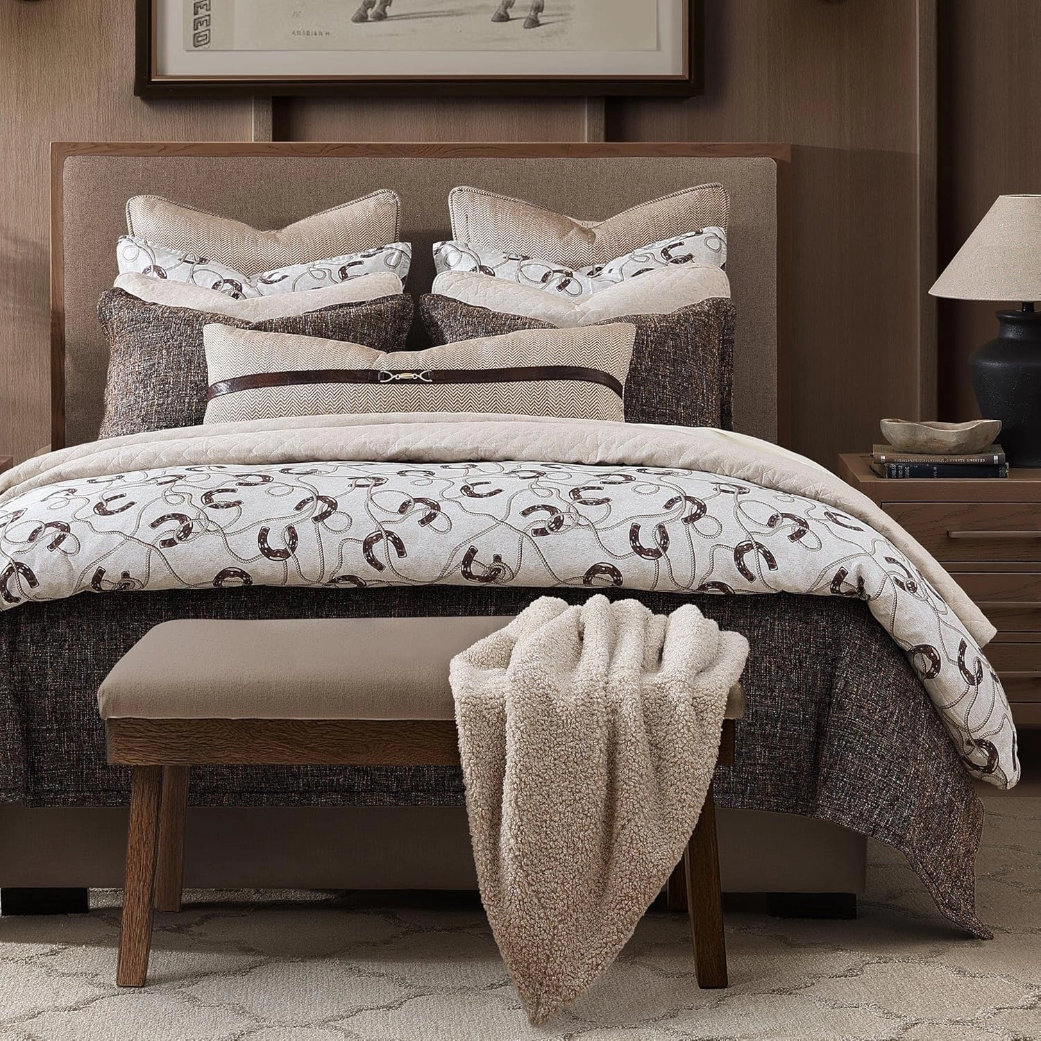 Tasha Polizzi for Paseo Road Pierre Equestrian Western Bedding 2 Piece Twin Duvet Cover Set, Brown Tan Cotton Sateen Bed Set, Horseshoe Print, Modern Rustic Western Comforter Cover with Pillow Shams
