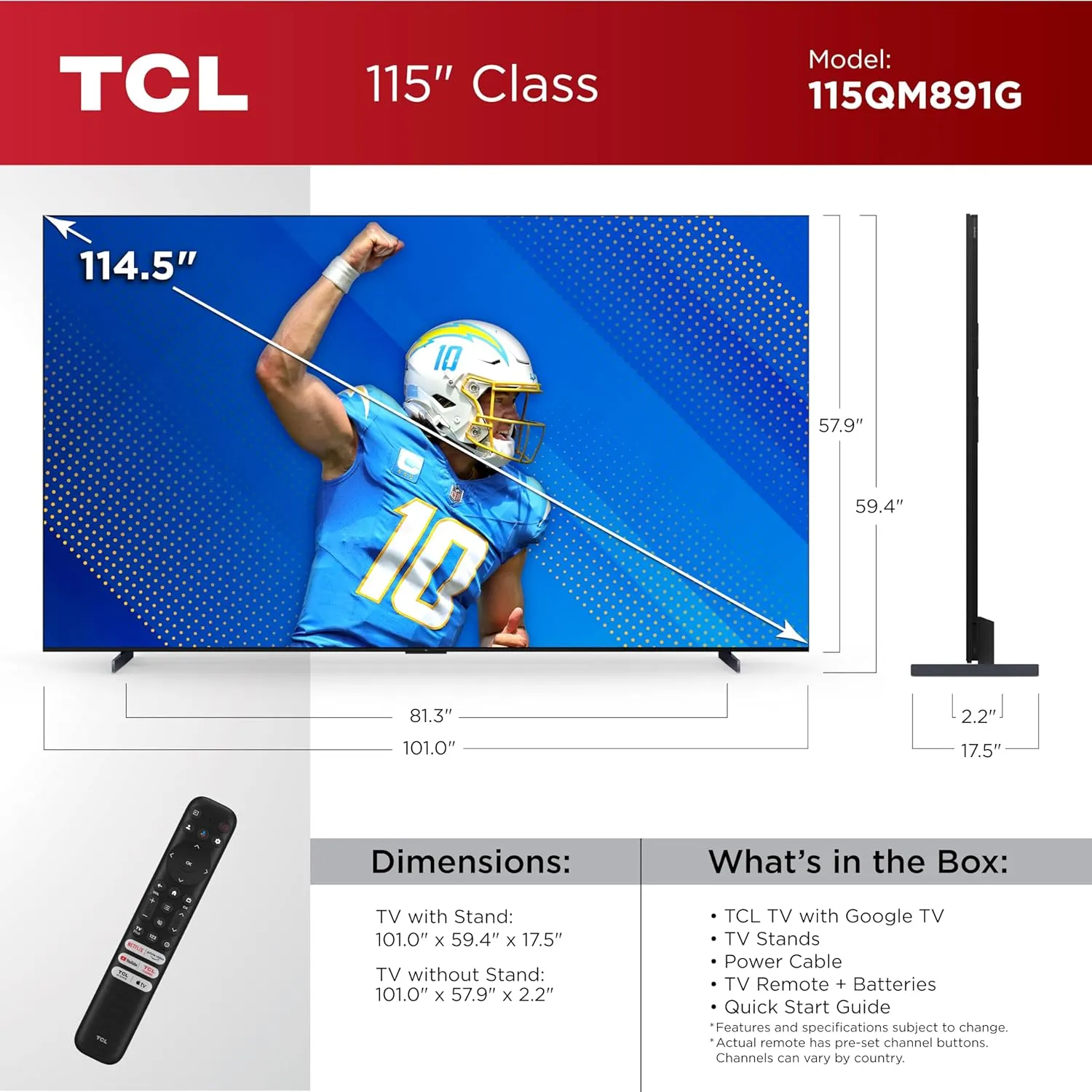TCL 115-Inch QM89 QLED 4K Smart QD-Mini LED TV with Google TV (115QM891G, 2024 Model) Dolby Vision HDR, Dolby Atmos, Game Accelerator up to 240Hz, Voice Remote, Works with Alexa, Streaming Television