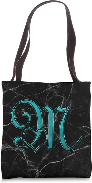 Teal Heart Letter M Black Cursive Vein Shape Initial Name Tote Bag