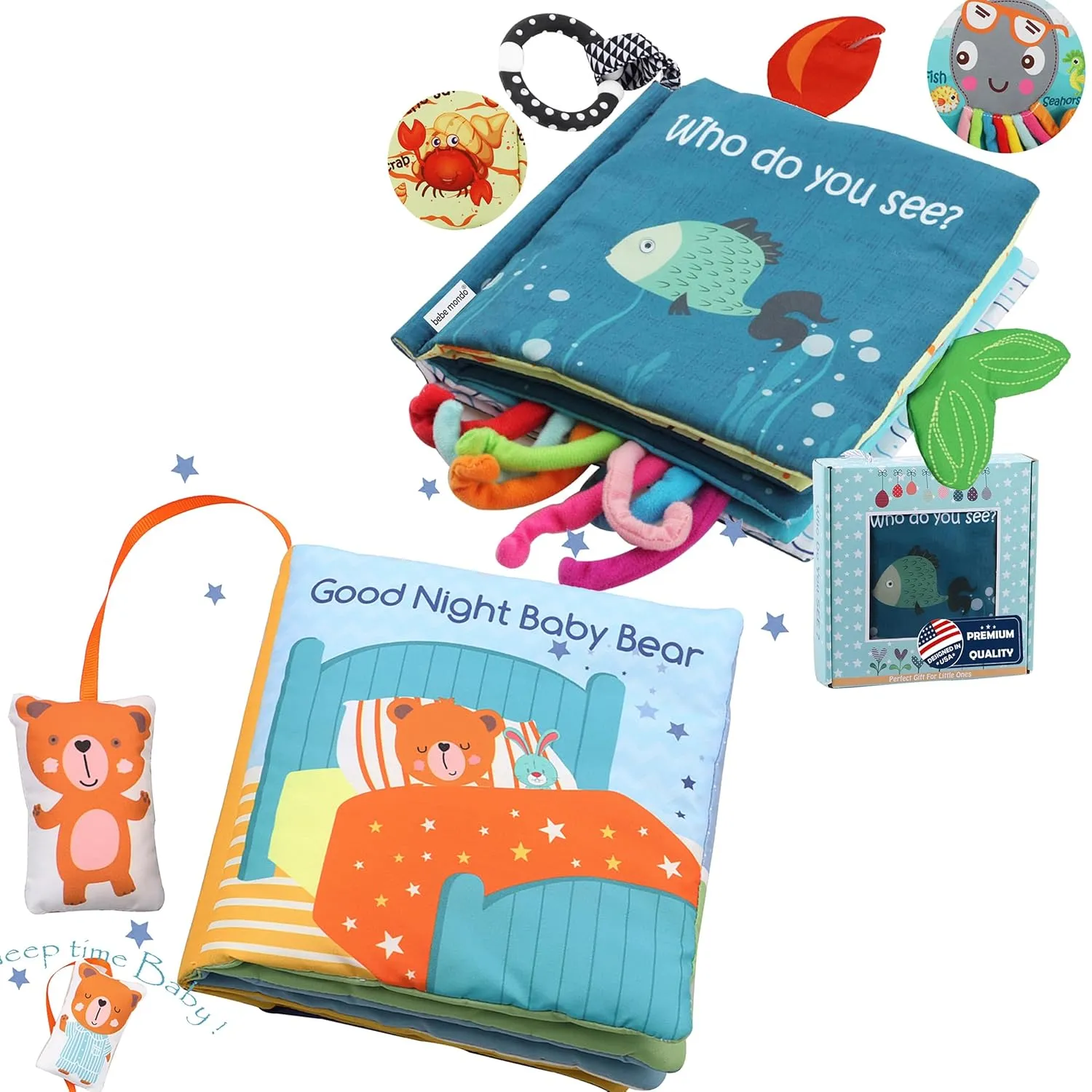 Teedy Bear Toy & Fish Baby Crinkle Books for Newborn Babies Infants 0-3-6-12-18 Months, Baby Gift 1-2 Year Old