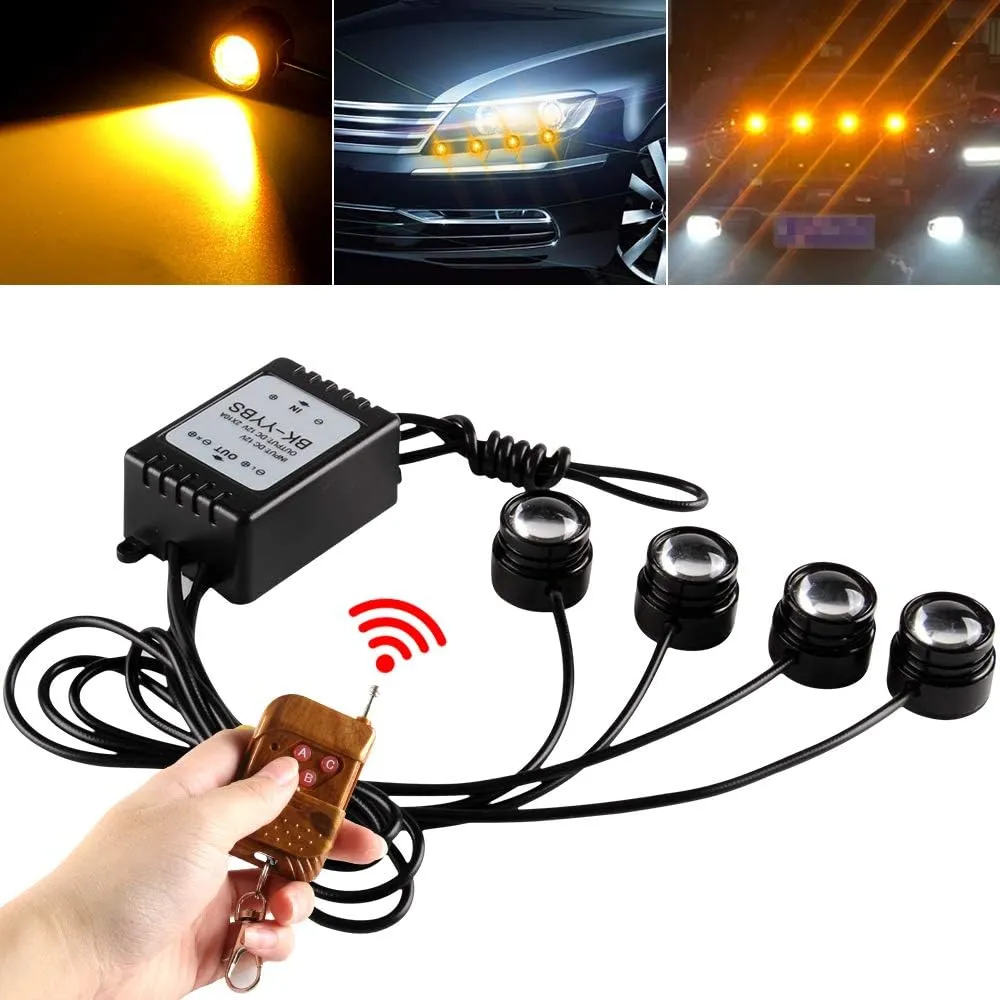 Teguangmei 4 in 1 Car Motorcycle LED Eagle Eye Emergency Strobe Warning Lights Car Truck Accessories DRL Wireless Remote Control Flash Lights 12V Amber