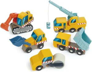 Tender Leaf Toys - Construction Site - Four Heavy Vehicles with Crane Truck, Road Roller, Dump Truck and Front Loader - Build Your Own Construction Site and Develops Fine Motor Skills for Children 3 