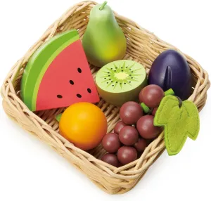 Tender Leaf Toys - Fruity Basket - 6 Pcs Solid Wood Fruits with Hand-Crafted Basket, Pretend Food Toy Playset Supermarket Shopping Game Play Kitchen Farmer's Market Accessories for Kids - Age 3 