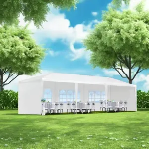 Tent,Outdoor Party Tent with 5 Removable Side Walls & 2 Zippered Doors,10x30ft Terrace Tents with Ropes and Tent Nails for Dining, Dancing or Social Gatherings,Steel Pipe Frame,White