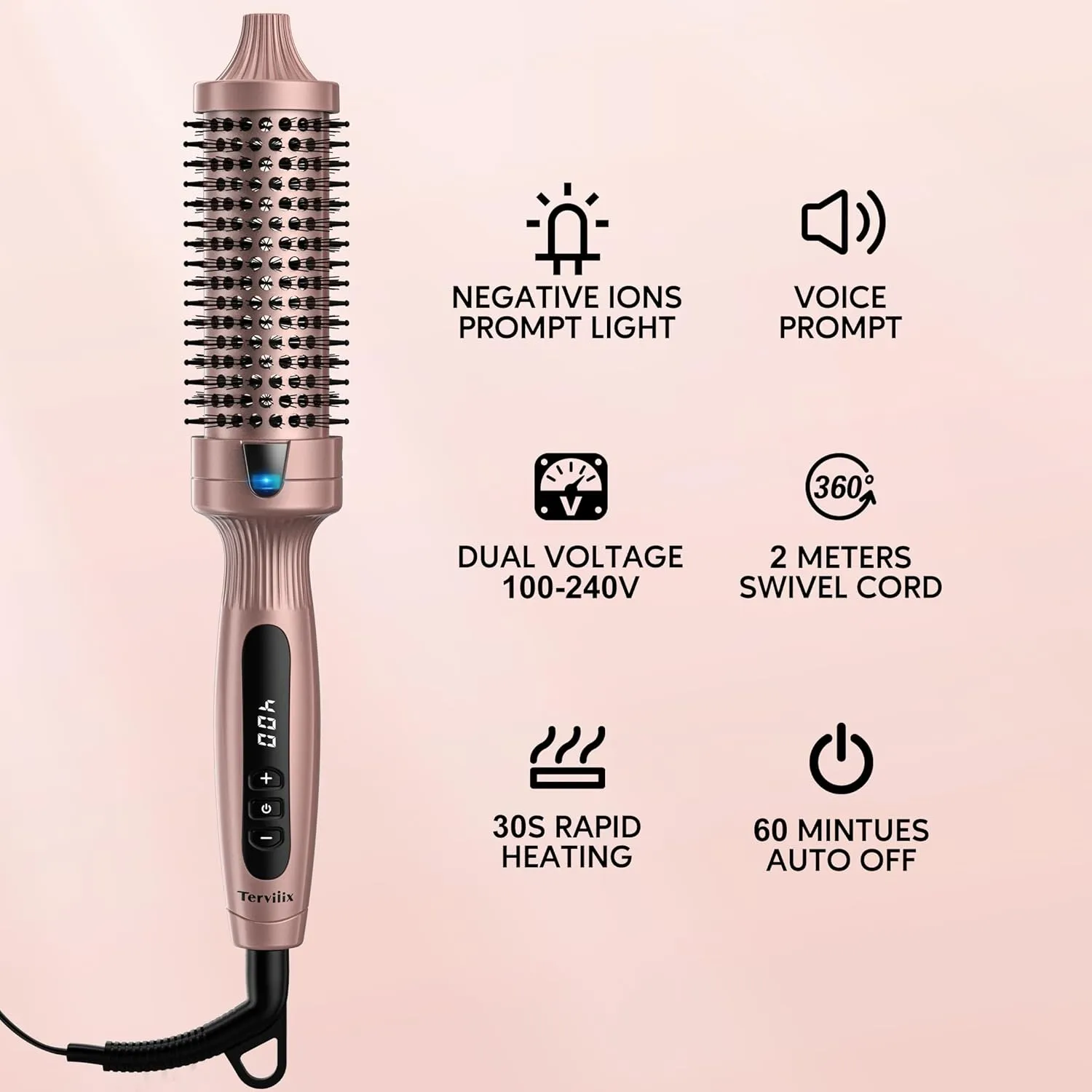 Terviiix Thermal Brush Get Voluminous Style, Quick Heating Hot Brush, Ceramic Tourmaline Ionic Heated Curling Iron, Digital Display 9 Temperatures Curling Wand, Dual Voltage, 1.5 Inch