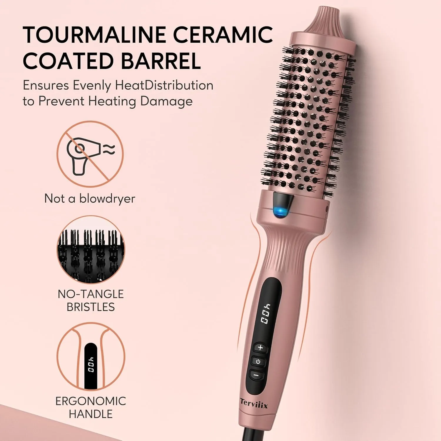 Terviiix Thermal Brush Get Voluminous Style, Quick Heating Hot Brush, Ceramic Tourmaline Ionic Heated Curling Iron, Digital Display 9 Temperatures Curling Wand, Dual Voltage, 1.5 Inch