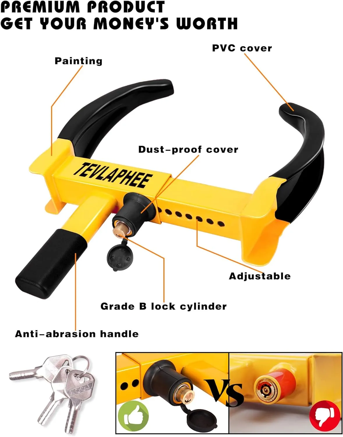 Tevlaphee Universal Wheel Lock Heavy Duty Security Trailer Wheel Lock Anti Theft Wheel Locks for Cars SUV Camper Motorcycle Trailer Great Deterrent Bright Color with 3 Keys (Red-Yellow)