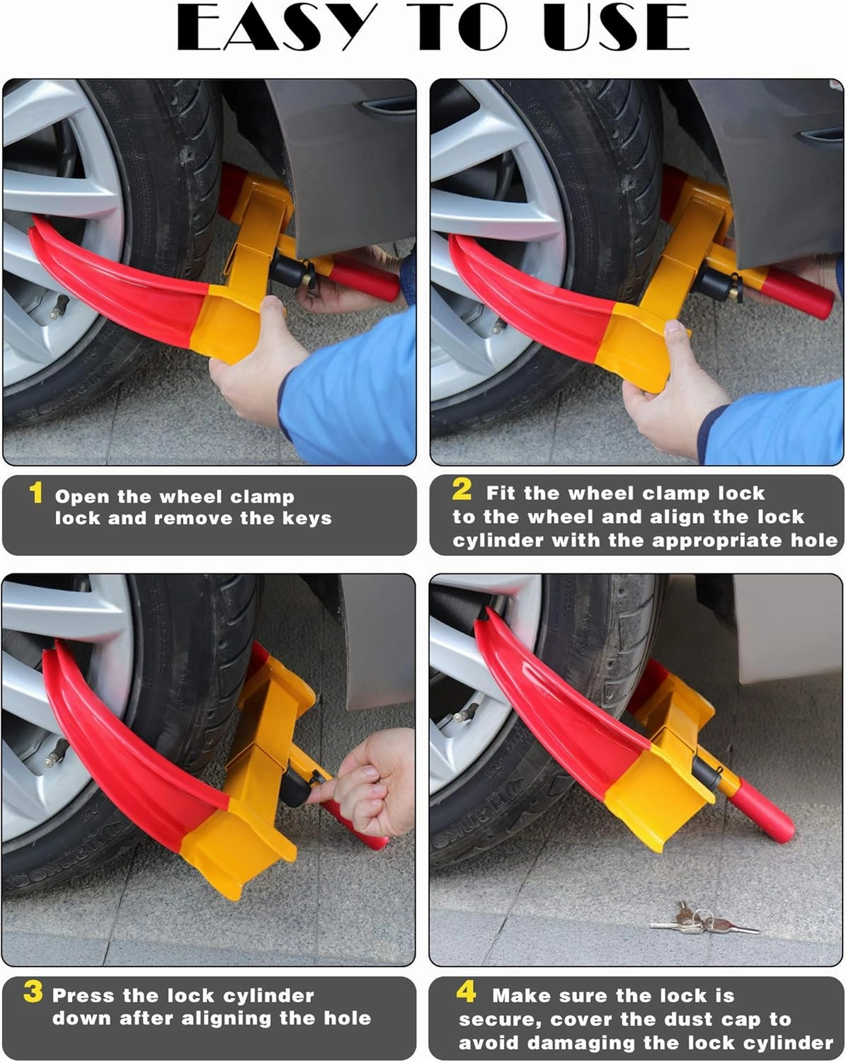 Tevlaphee Universal Wheel Lock Heavy Duty Security Trailer Wheel Lock Anti Theft Wheel Locks for Cars SUV Camper Motorcycle Trailer Great Deterrent Bright Color with 3 Keys (Red-Yellow)