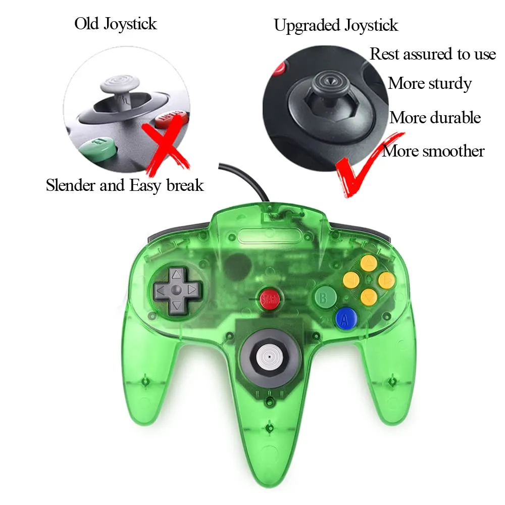 Tevodo N64 Controller, Upgraded Joystick Classic Wired Controller Compatible with N64 Console(Clear Purple and Clear Green)