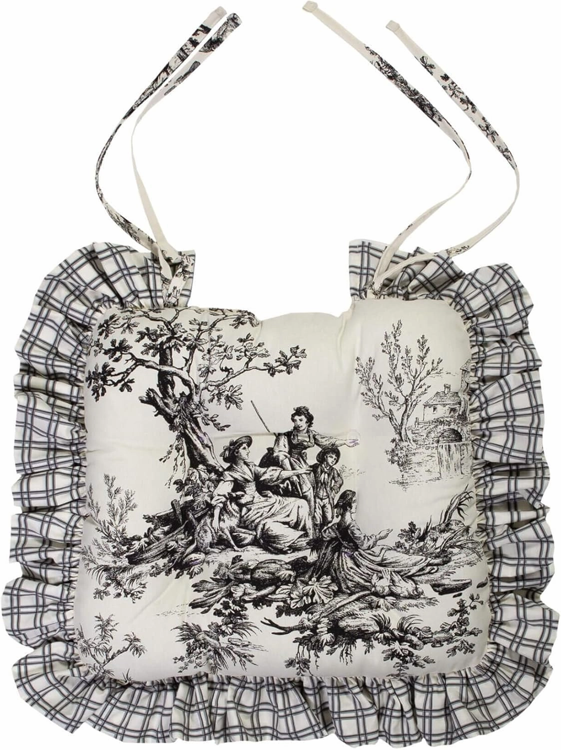 Thomasville At Home Bouvier Black - Toile Ruffled Chair Pad - Pack of 4 with Ties, Indoor, Cotton Cover, 15x13, Polyester Fiber Fill, Made in USA, Kitchen/Dining, (4)