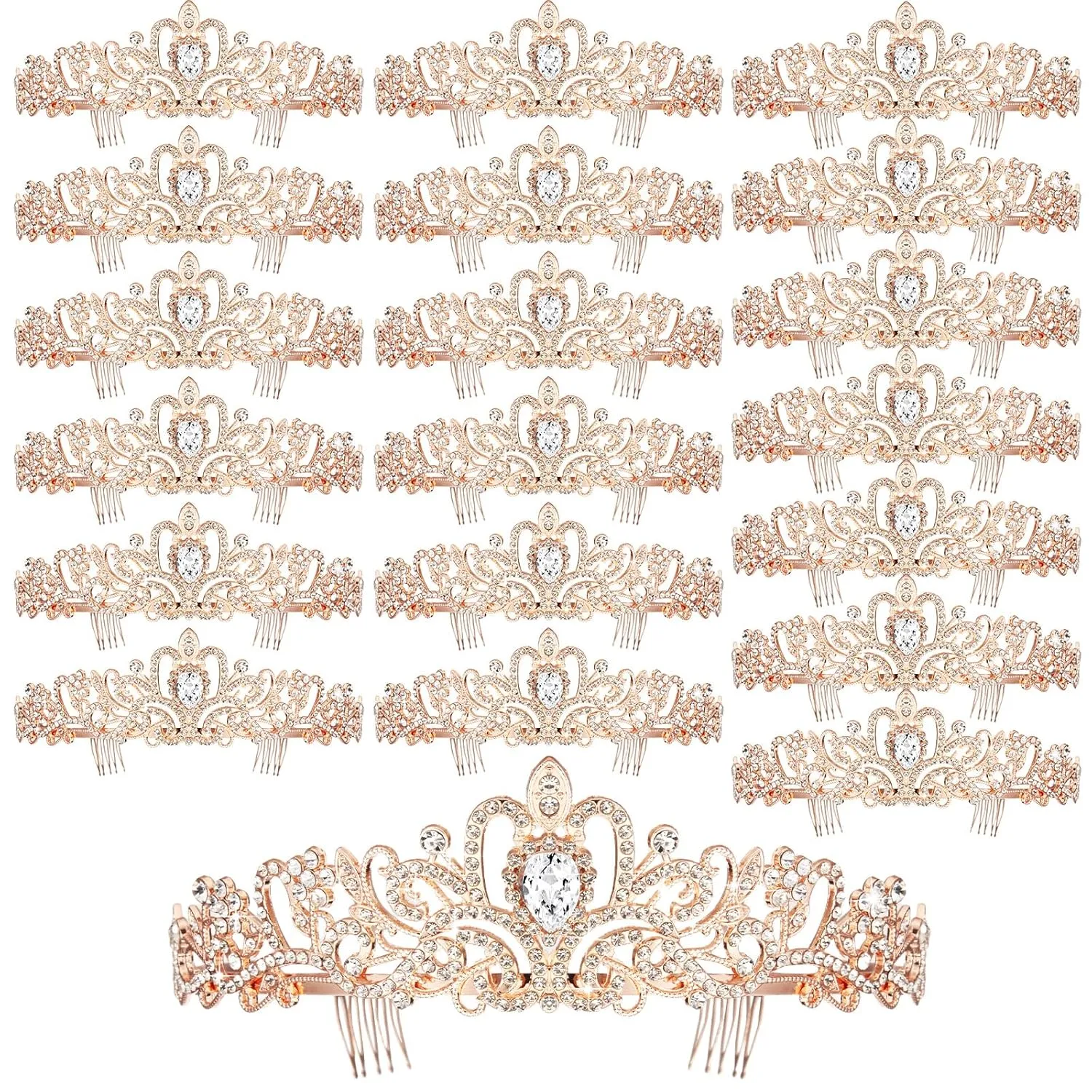 Tigeen 20 Pcs Crystal Tiara Crowns Princess Crown for Women Crown with Combs Rhinestone Princess Tiara Bride Crown for Birthday Party Bridal Wedding Prom Hair Accessories(Rose Gold)