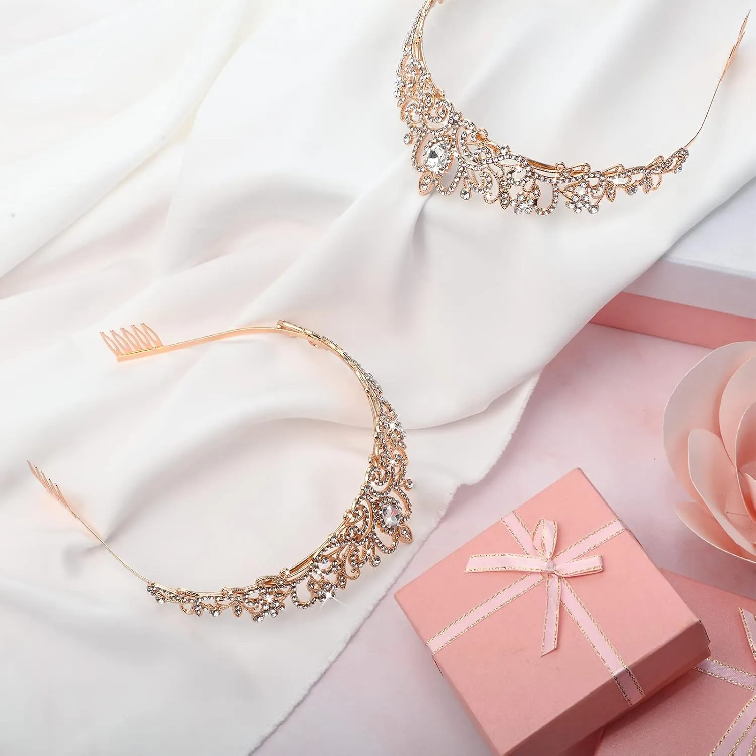 Tigeen 20 Pcs Crystal Tiara Crowns Princess Crown for Women Crown with Combs Rhinestone Princess Tiara Bride Crown for Birthday Party Bridal Wedding Prom Hair Accessories(Rose Gold)