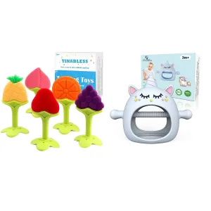 Tinabless Teething Toys (5 Pack)   Unicorn Never Drop Silicone Teether Set for Babies 6-12 Months, Natural Organic Freezer Safe for Infants and Toddlers, Silicone Baby Teethers (Blue)