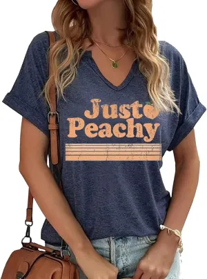 TIXOM Womens Summer V Neck Shirt Funny Letter Printed Graphic Short Sleeve Tee Casual Loose Fit Holiday Tops