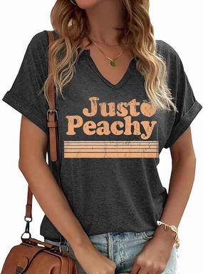 TIXOM Womens Summer V Neck Shirt Funny Letter Printed Graphic Short Sleeve Tee Casual Loose Fit Holiday Tops