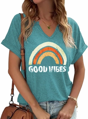 TIXOM Womens Summer V Neck Shirt Funny Letter Printed Graphic Short Sleeve Tee Casual Loose Fit Holiday Tops