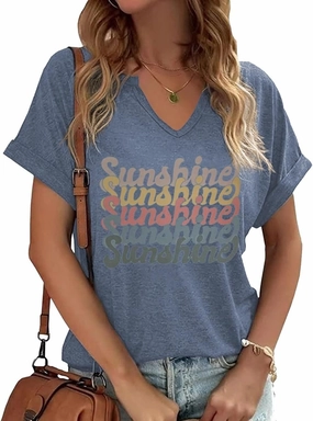 TIXOM Womens Summer V Neck Shirt Funny Letter Printed Graphic Short Sleeve Tee Casual Loose Fit Holiday Tops