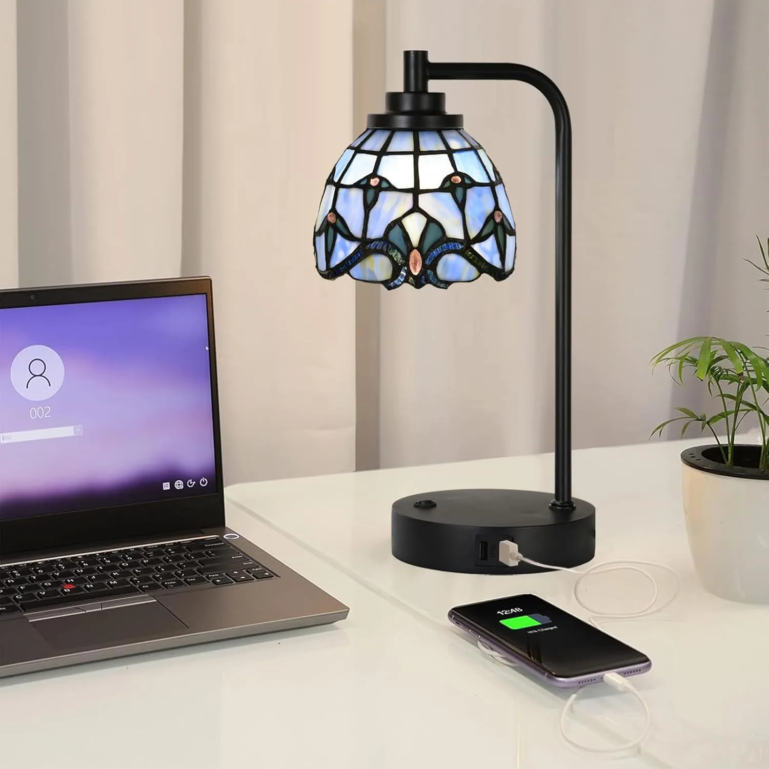 TL0016 Tiffany Table Lamp with 2 USB Charging Ports, Desk Lamp with Blue Baroque Stained Glass Lamp Shade, Retro Nightstand H 14.5" for Bedrooms Office Study, LED Bulbs Included (Blue)