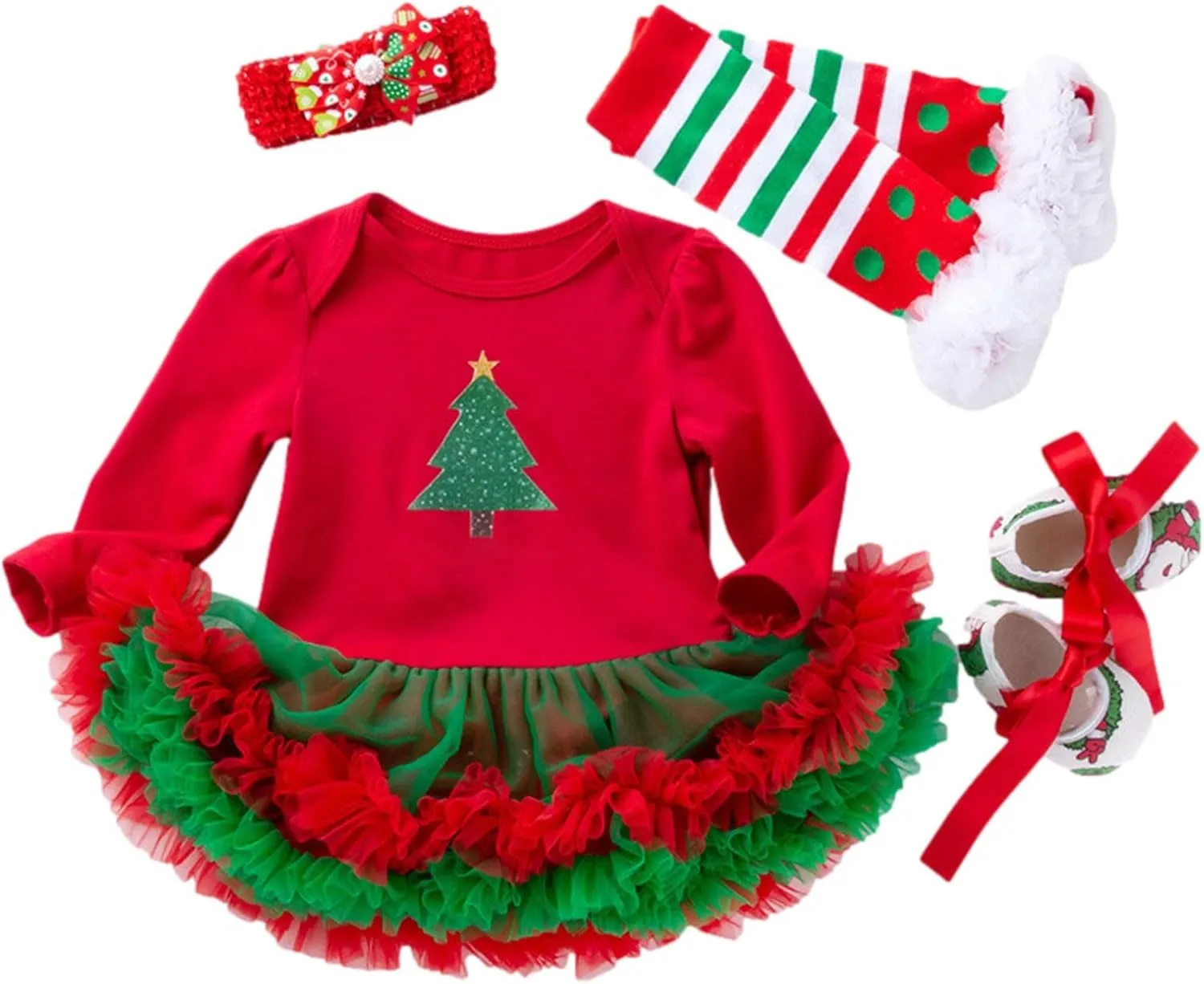 ToddlBy My First Christmas Outfits Baby Girls Romper Tutu Dress Headband Leg Warmer Shoes 4Pcs Newborn Cute Xmas