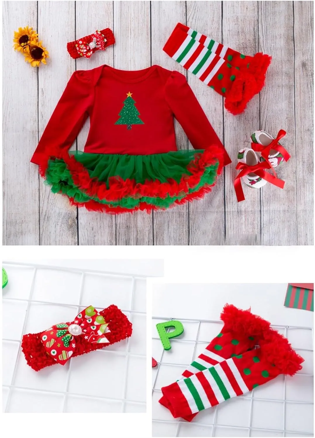 ToddlBy My First Christmas Outfits Baby Girls Romper Tutu Dress Headband Leg Warmer Shoes 4Pcs Newborn Cute Xmas