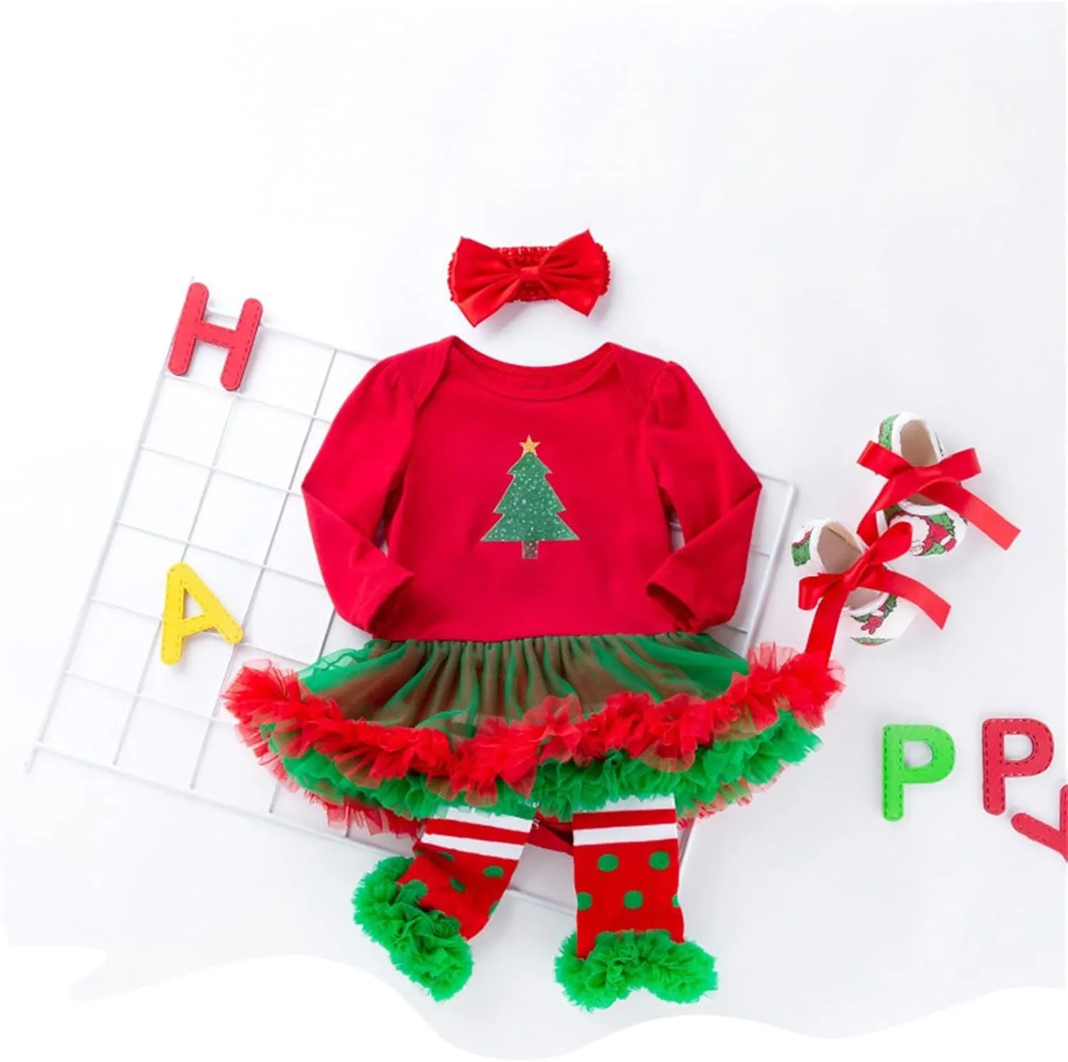 ToddlBy My First Christmas Outfits Baby Girls Romper Tutu Dress Headband Leg Warmer Shoes 4Pcs Newborn Cute Xmas