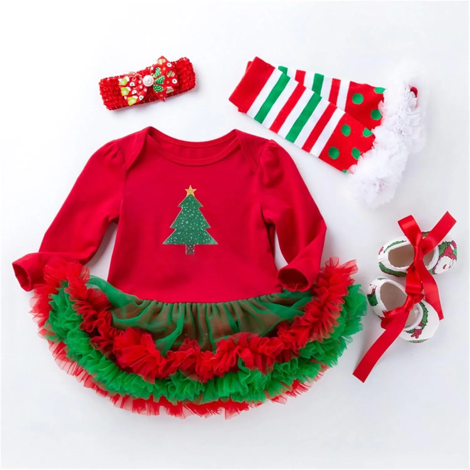 ToddlBy My First Christmas Outfits Baby Girls Romper Tutu Dress Headband Leg Warmer Shoes 4Pcs Newborn Cute Xmas