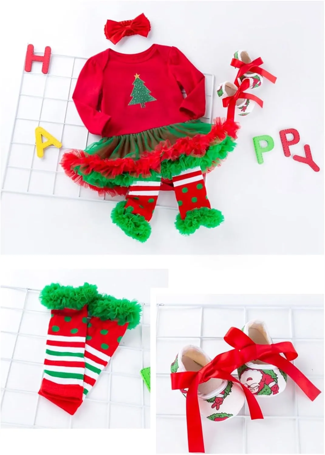 ToddlBy My First Christmas Outfits Baby Girls Romper Tutu Dress Headband Leg Warmer Shoes 4Pcs Newborn Cute Xmas