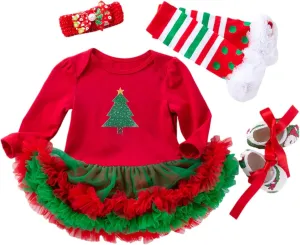 ToddlBy My First Christmas Outfits Baby Girls Romper Tutu Dress Headband Leg Warmer Shoes 4Pcs Newborn Cute Xmas