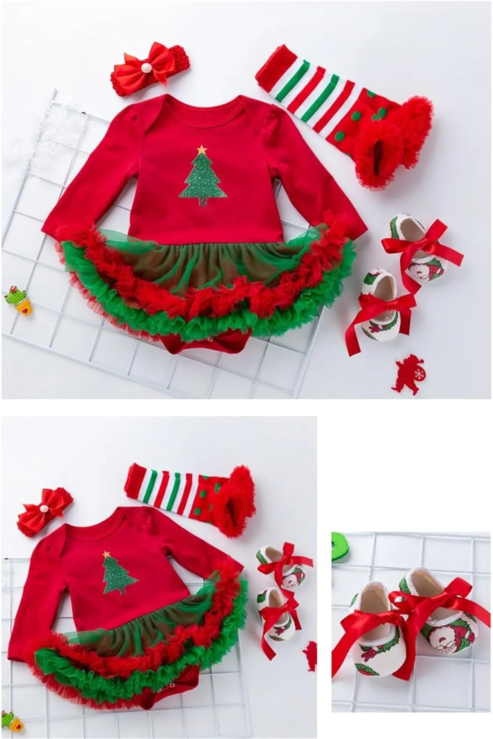 ToddlBy My First Christmas Outfits Baby Girls Romper Tutu Dress Headband Leg Warmer Shoes 4Pcs Newborn Cute Xmas