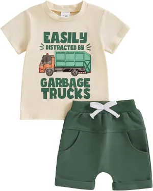 Toddler Baby Boy Garbage Truck Short Sleeve T-Shirt Tops Shorts Set Trash Day Truck Driver Outfit 2Pcs Summer Clothes