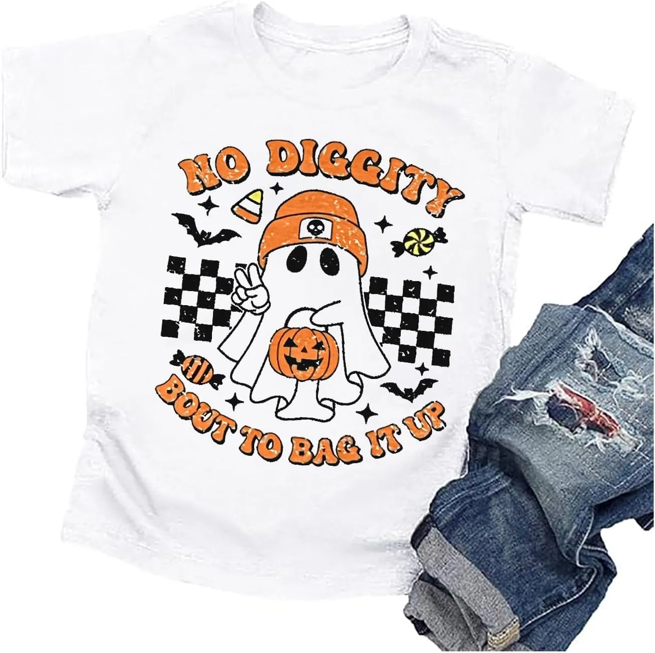 Toddler Boys Girls Halloween Ghost Shirt No Diggity Bout to Bag it Up Funny Letter Print T-Shirt Fall Holiday Tops