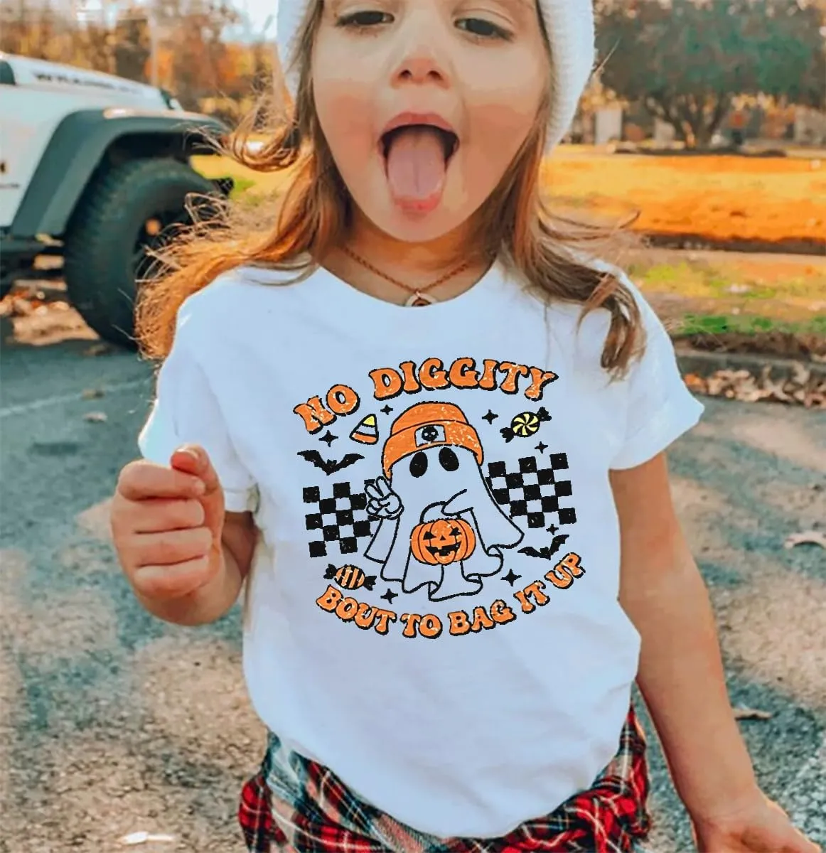 Toddler Boys Girls Halloween Ghost Shirt No Diggity Bout to Bag it Up Funny Letter Print T-Shirt Fall Holiday Tops