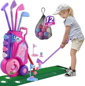 Toddler Golf Set, Upgraded Kids Golf Clubs with 12 Balls, Putting Mat, Shoulder Strap, Indoor Outdoor Sport Toys Gift for Boys Girls Aged 3-5 Years Old, Pink