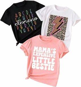 Toddler Basic T-Shirt - Letter and Lightning Print Short Sleeve Sets - Girl Summer Short Sleeve 3 Pack Top (3-7T)