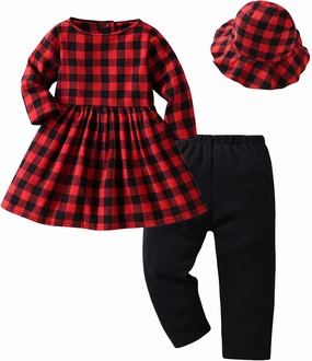 Toddler Girls Matching Christmas Outfits Kids Long Sleeve Buffalo Plaid Dress Long Pants Hat (Red, 3-6 Months)