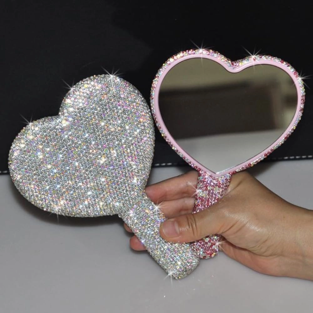 Tong Gu Rhinestone Small Handheld Mirror with Handle Crystal Travel Makeup Tool (Silver,Square)
