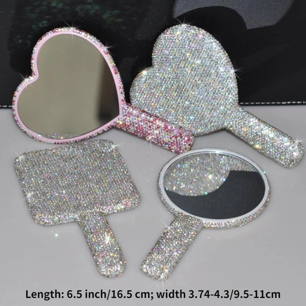 Tong Gu Rhinestone Small Handheld Mirror with Handle Crystal Travel Makeup Tool (Silver,Square)