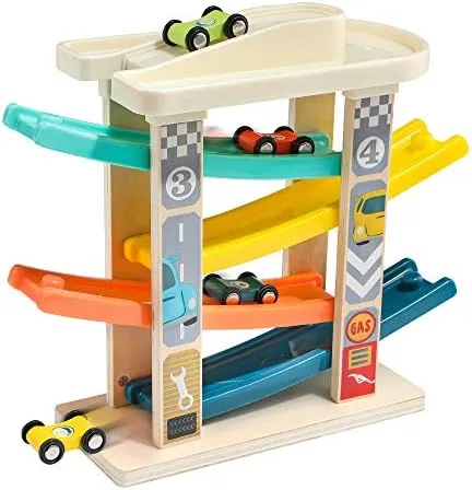 TOP Bright Toddler Wooden Race Track Car Ramp Toys for 1 2 Year Old Baby Motor Skills Race Tracks Car Ramp Vehicle Playsets with 4 Mini Cars and 1 Car Garage