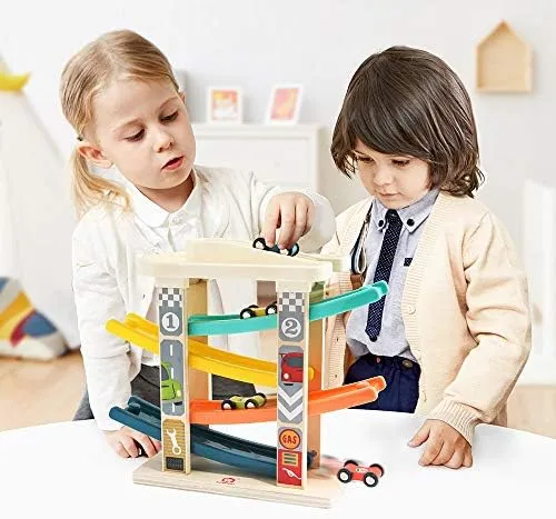 TOP Bright Toddler Wooden Race Track Car Ramp Toys for 1 2 Year Old Baby Motor Skills Race Tracks Car Ramp Vehicle Playsets with 4 Mini Cars and 1 Car Garage