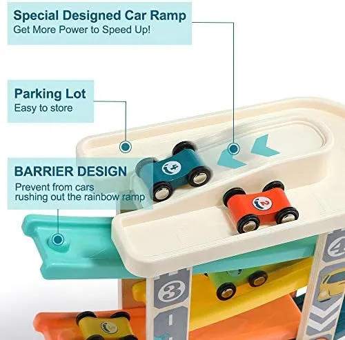 TOP Bright Toddler Wooden Race Track Car Ramp Toys for 1 2 Year Old Baby Motor Skills Race Tracks Car Ramp Vehicle Playsets with 4 Mini Cars and 1 Car Garage