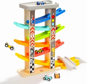TOP BRIGHT Wooden Race Track, Car Ramp Toys for Toddlers 18  Months with 6 Mini Cars, 1 Car Garage & Extra Bridges, Toddler Toys for 2 3 4 Year Old Boys and Girl Gifts