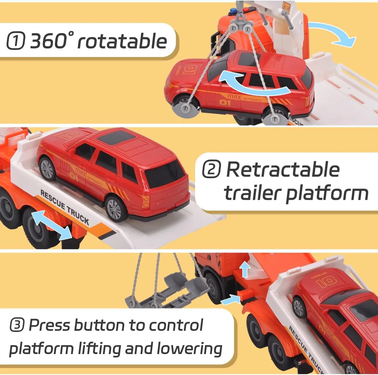 Tow Truck Toy, Scania 10“ Friction Powered Transport Truck Crane Vehicle Toy with Racing Car, Lights and Sounds for Toddler Boys Girls